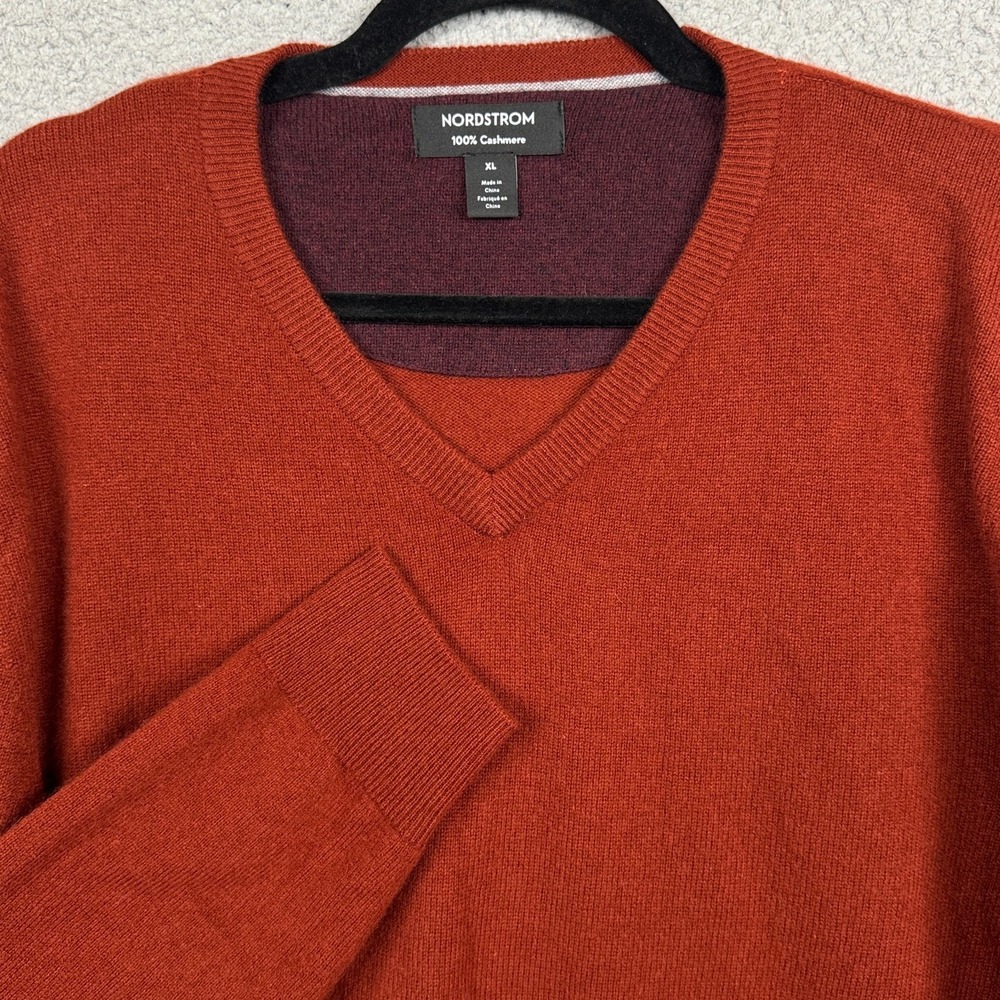 Nordstrom Sweater Mens XL Burnt Orange V Neck Cashmere Preppy Heritage Old Money